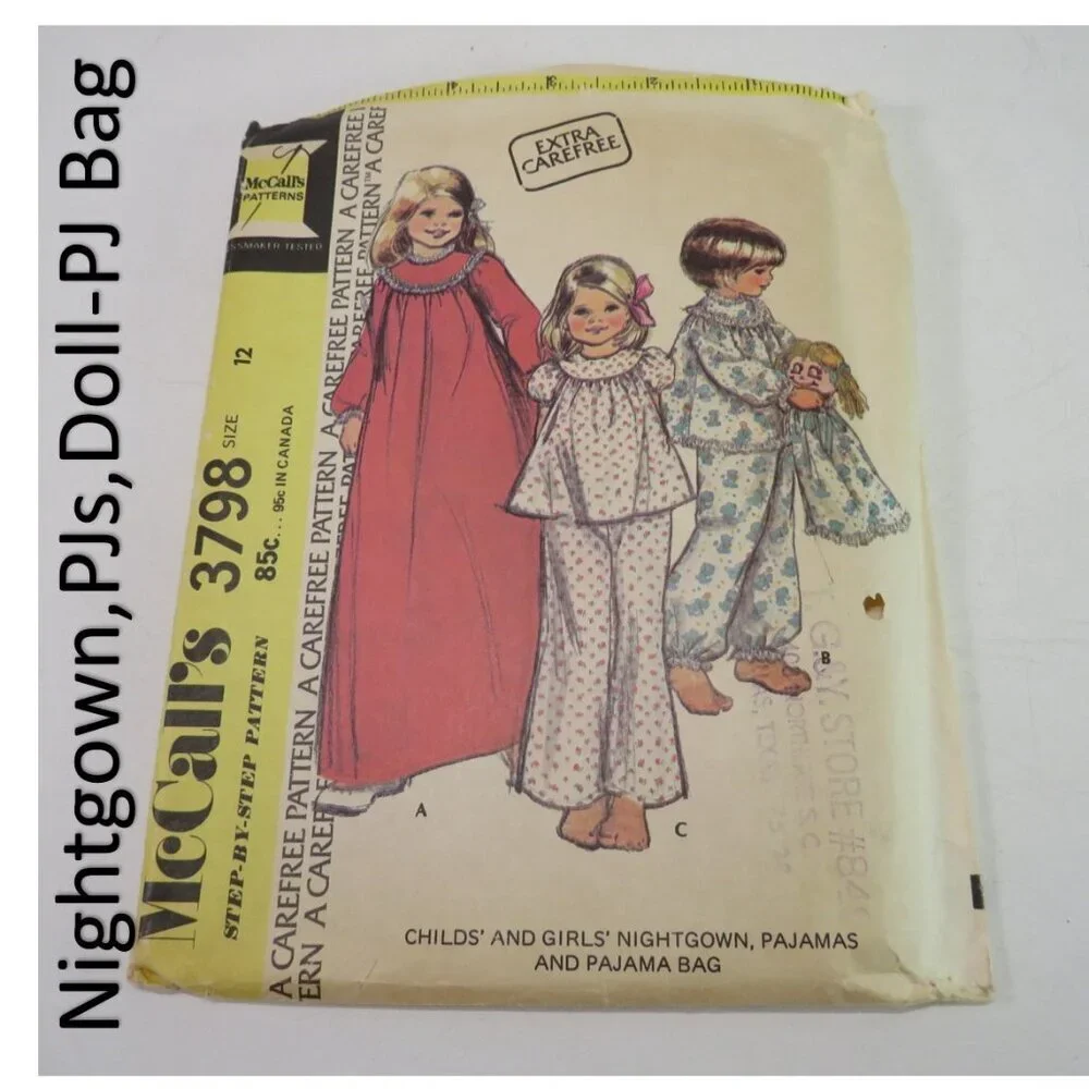 McCall's 3798 kids nightgown, pajama bag/doll, top, shorts, pants sewing pattern